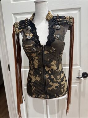 Military-Inspired Camo Fringe Zip Front Women's Top